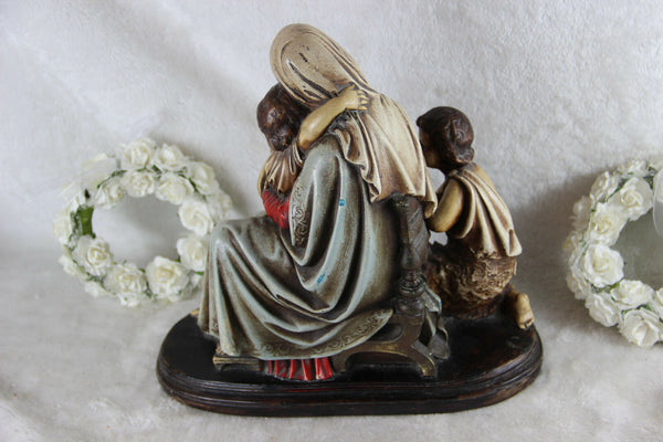 Antique French Religious chalkware polychrome statue madonna jesus john baptist