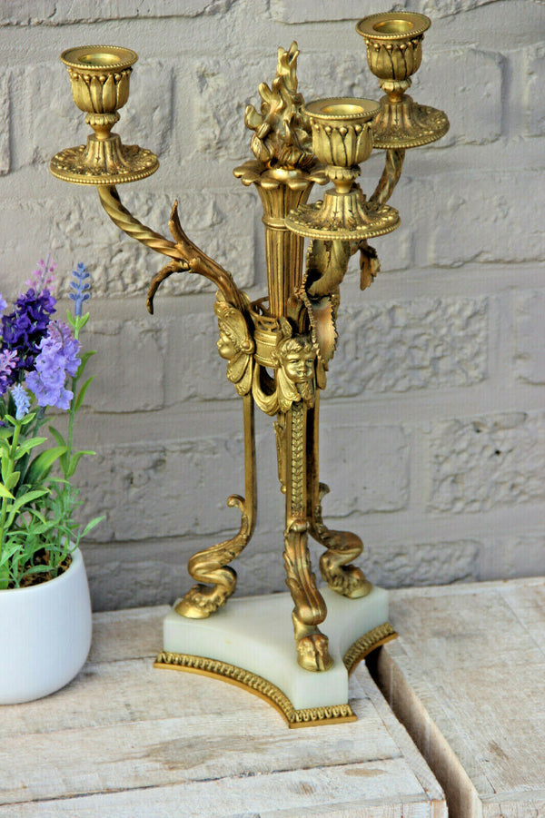 Antique Empire French bronze onyx marble Ram paws putti angels candle holder