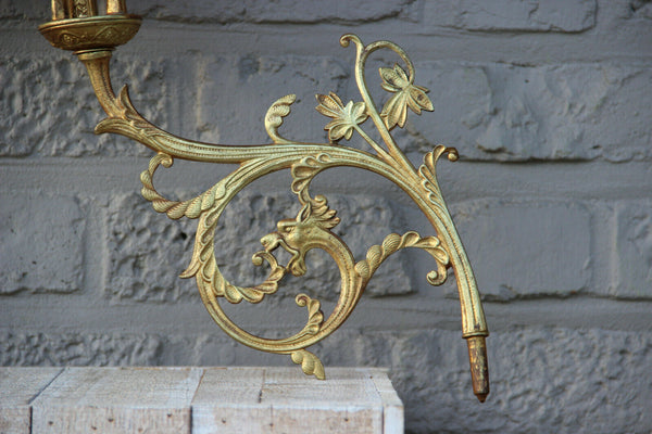 PAIR antique neo gothic dragon Church religious Wall candle holders brass n1