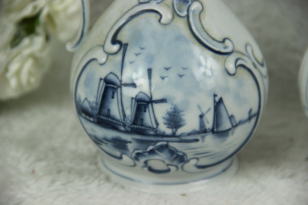 PAIR Delft blue white pottery oil vinegar pitcher vases mill sailing boat