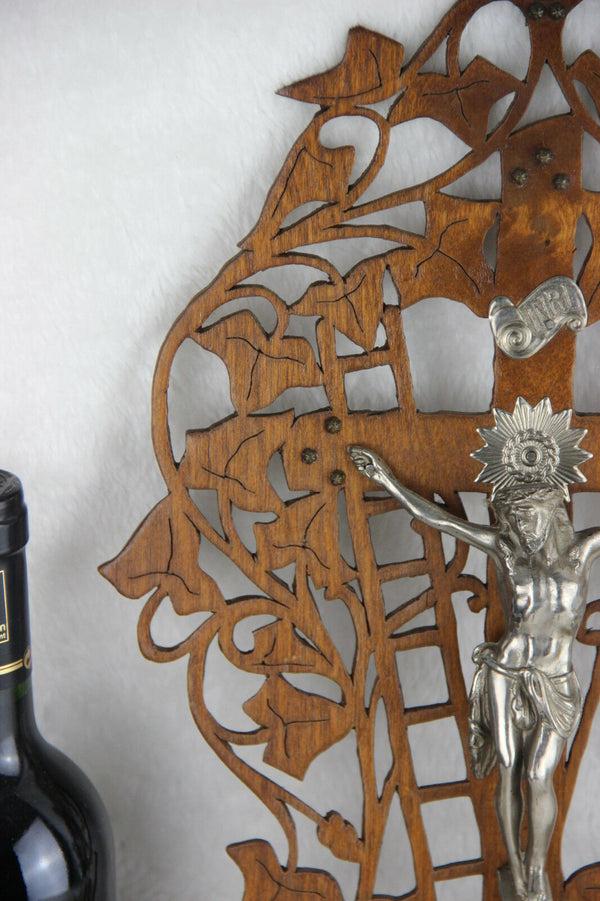 Rare vtg French wood carved crucifix christ cross 1960's religious