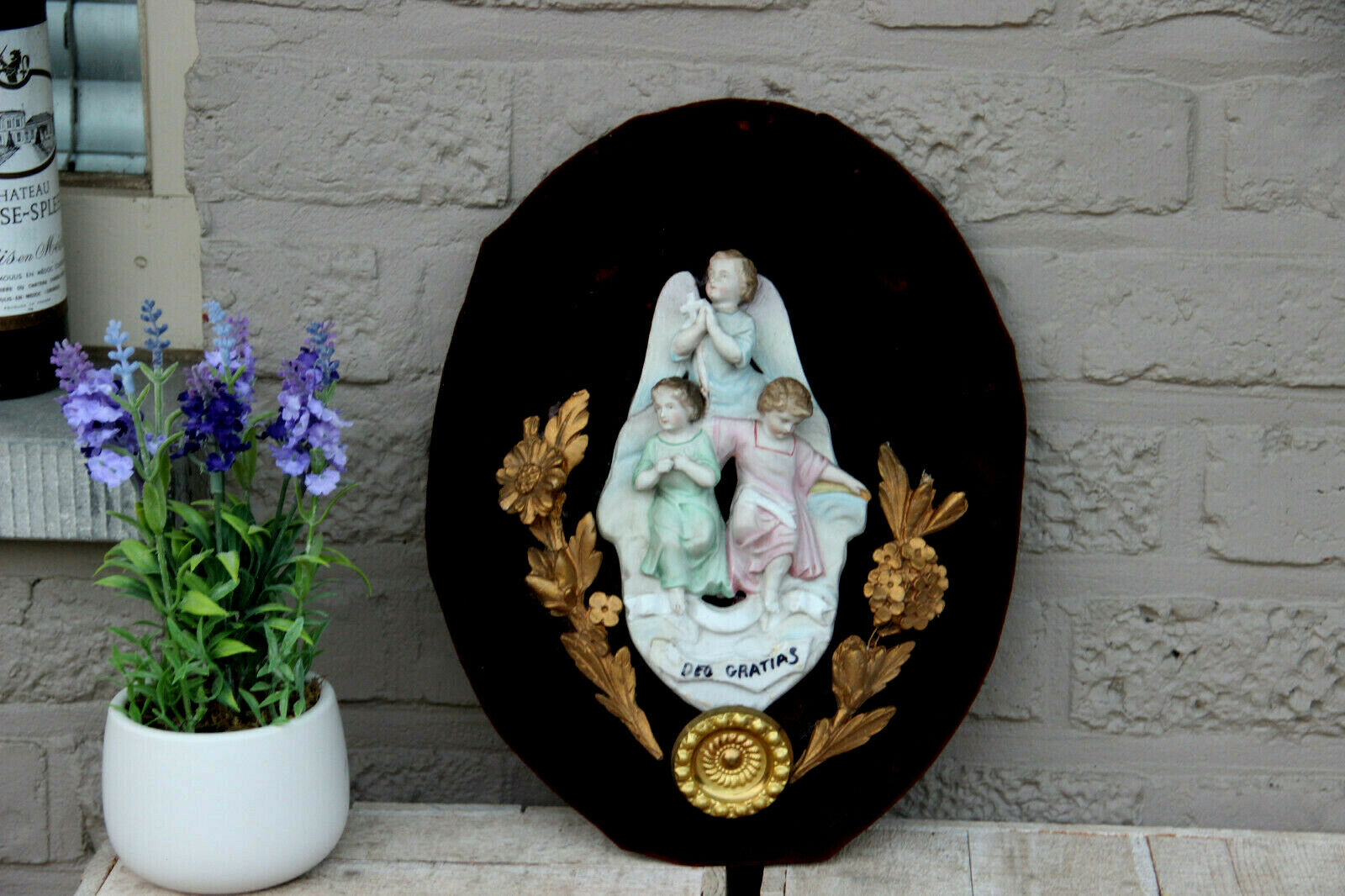 Antique Religious Bisque porcelain angels religious plaque on velvet medaillon