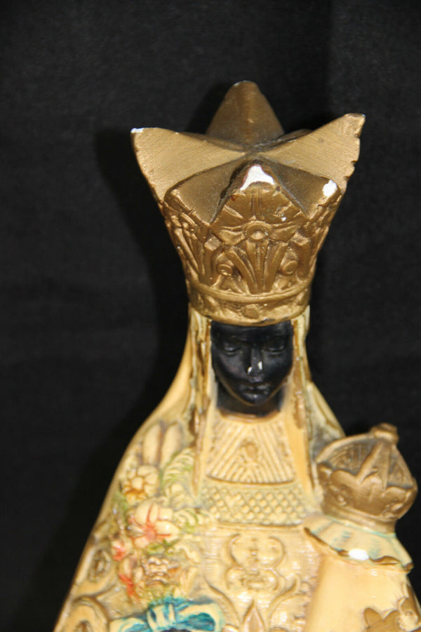 Antique chalkware polychrome Notre dame de HALLE marked black madonna figurine