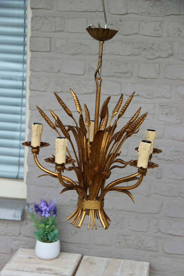 Hollywood regency MEtal gold gilt maison jansen wheat sheaf chandelier 1970