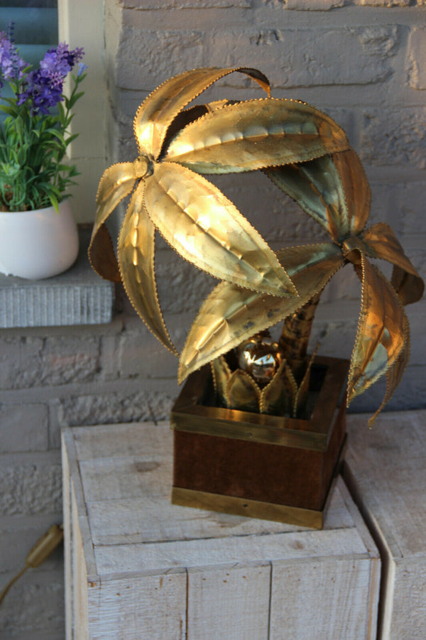Exclusive MAISON JANSEN Brass Palm tree table lamp Velvet Hollywood regency n2