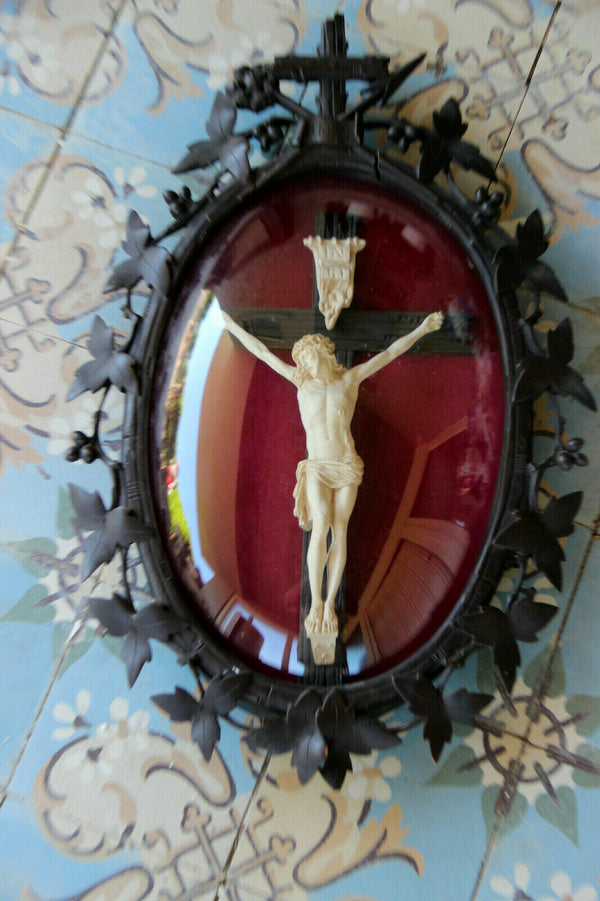 Antique black forest german wood carved meerschaum Crucifix plaque religious