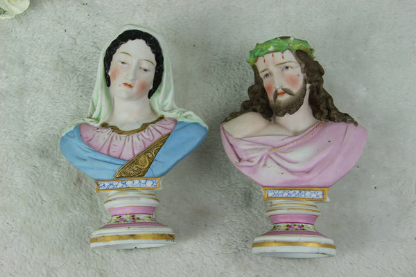 PAIR Antique VIEUX ANDENNE porcelain buste JESUS Mary Statue religious