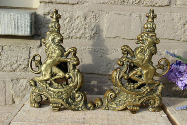 Antique French Bronze fireplace andirons firedogs royal lion kings castle