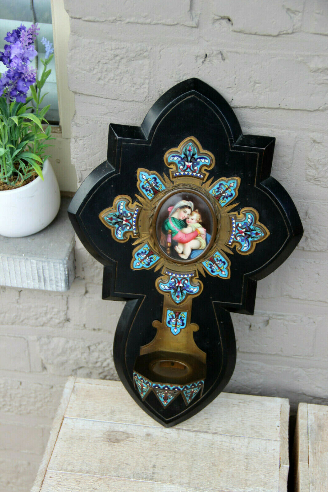 Antique XL Napoleon III holy water font enamel cloisonne porcelain madonna