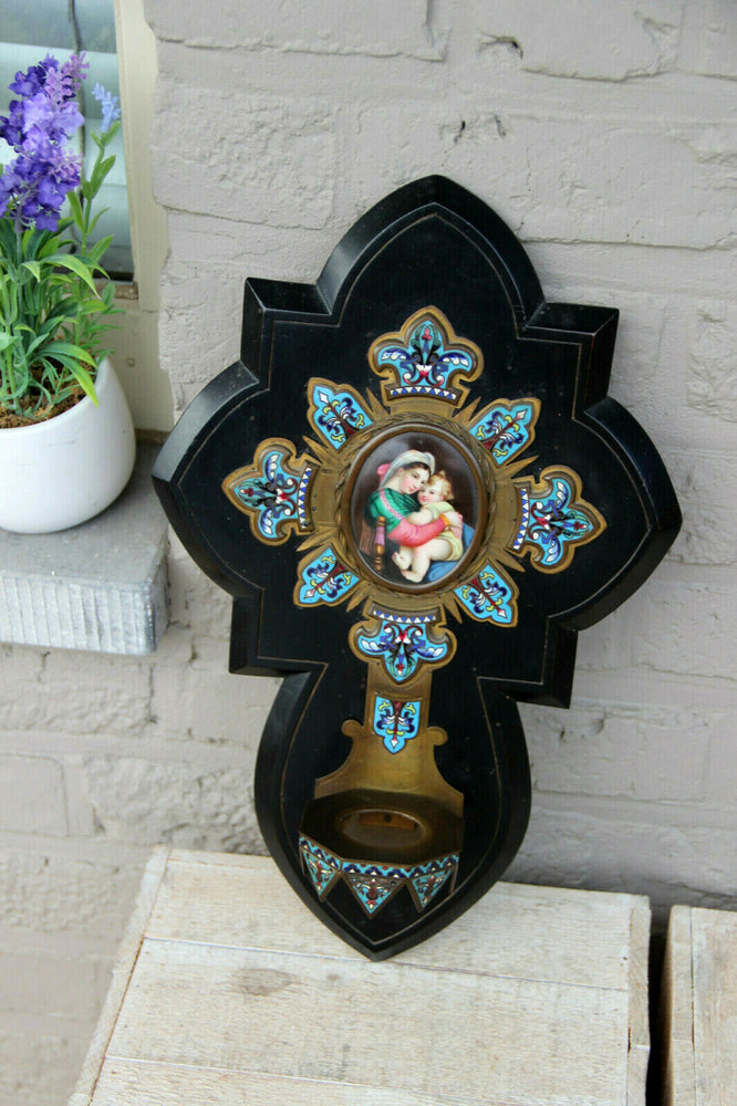 Antique XL Napoleon III holy water font enamel cloisonne porcelain madonna