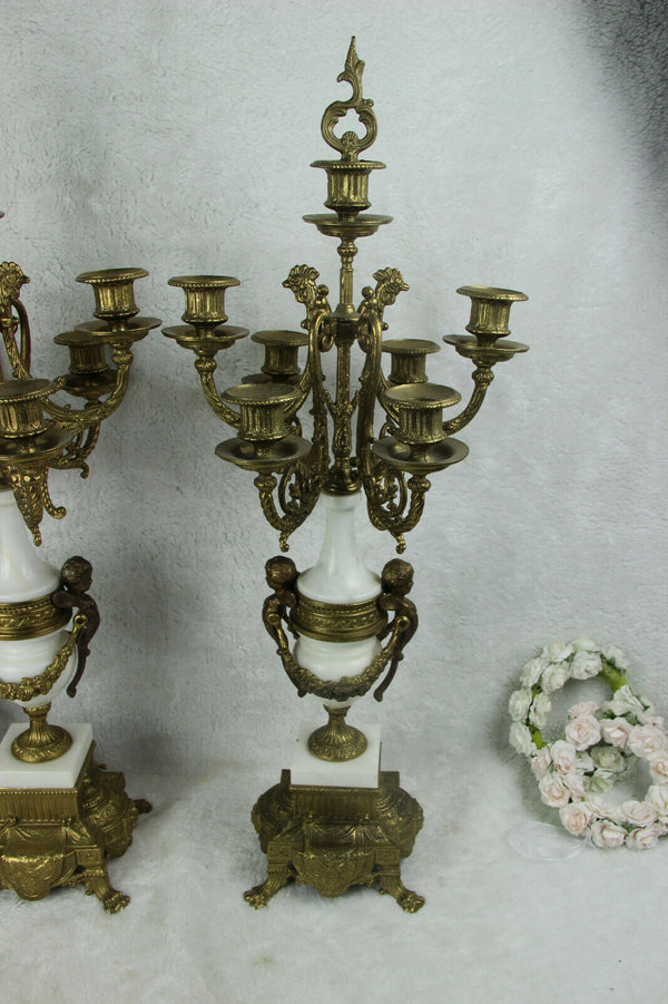 XL PAIR Bronze white marble putti angel Candelabras candlesticks candle holder