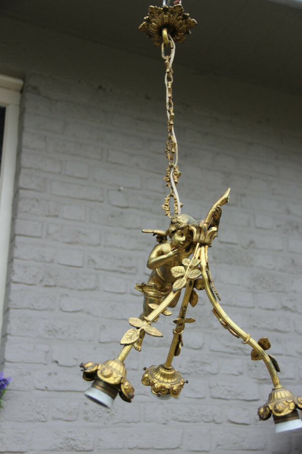 Antique French Bronze Winged putti angel figurine chandelier pendant lamp 3 arm