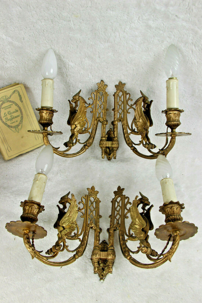 Antique French bronze Gothic Castle Dragon piano Wall lights sconces