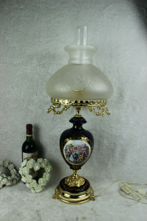 XL French limoges porcelainTable lamp glass shade 1960