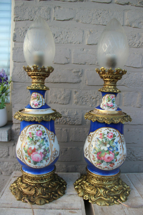 Antique pair 19thc french vieux paris porcelain table lamps portrait floral