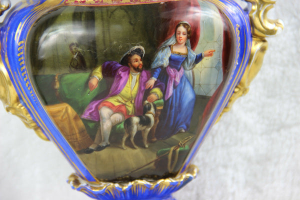 Antique French vieux old paris porcelain vase romantic dog scene floral Lamp