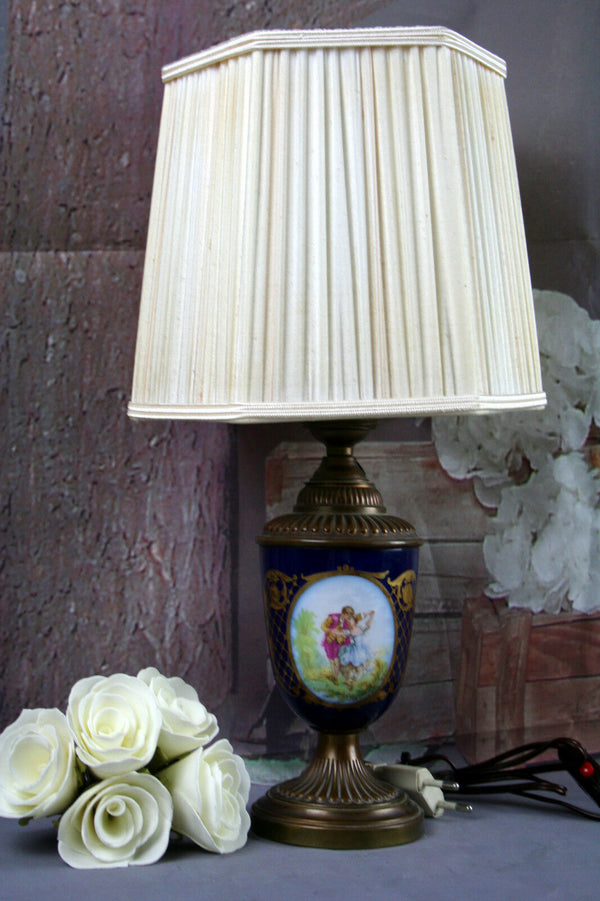 Antique French  porcelain Table lamp romantic victorian scene flowers