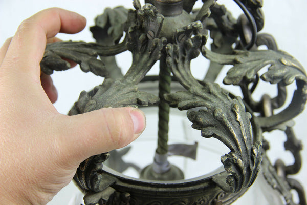 Antique Belgian Bronze Val saint lambert crystal glass chandelier lantern ram