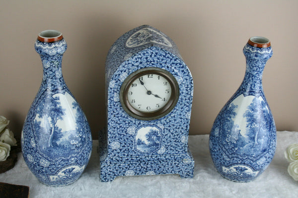 Boch Pottery Clock set Vases Forest Blue white delft decor 1925 marked