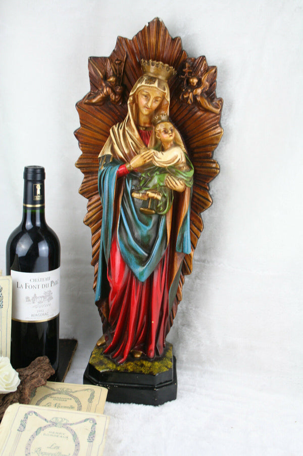 Antique XL French Madonna with child angel cherubs plaster polychrome statue