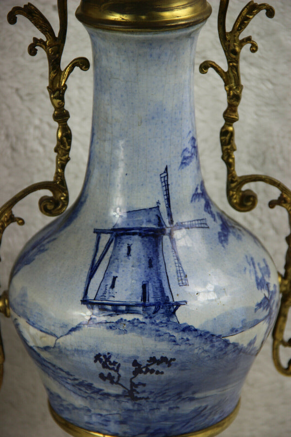 PAIR delft blue white faience Candelabras candle holder mill landscape