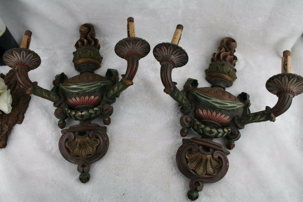 PAIR rare italian wood carved polychrome 1920 Sconces wall lights 2 arms