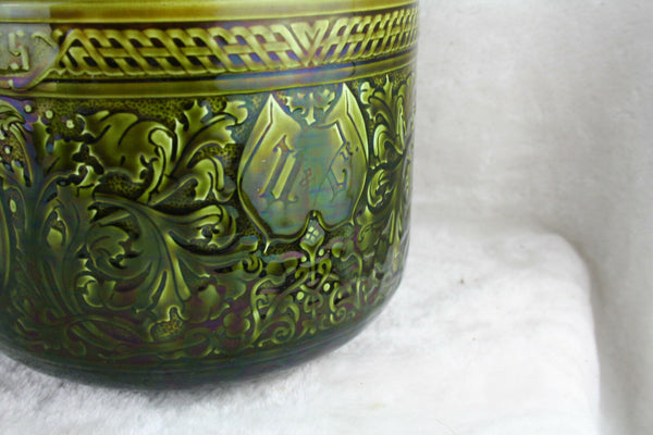 PAIR French Sarreguemis mark barbotine pottery planter with escutcheons