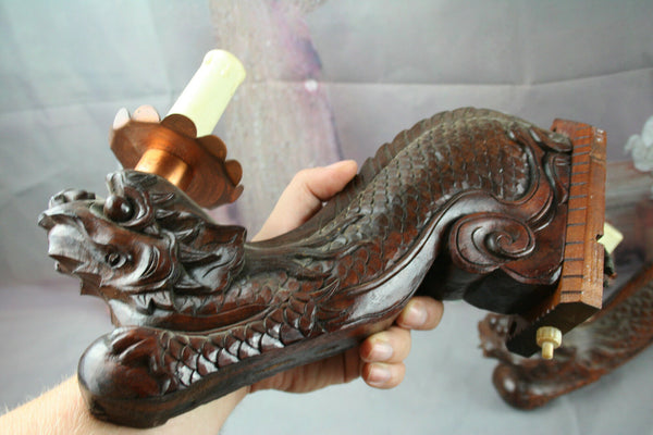Exclusive XL Pair Chinese Foo Dogs sconces wood carved lamps 19th c dragons