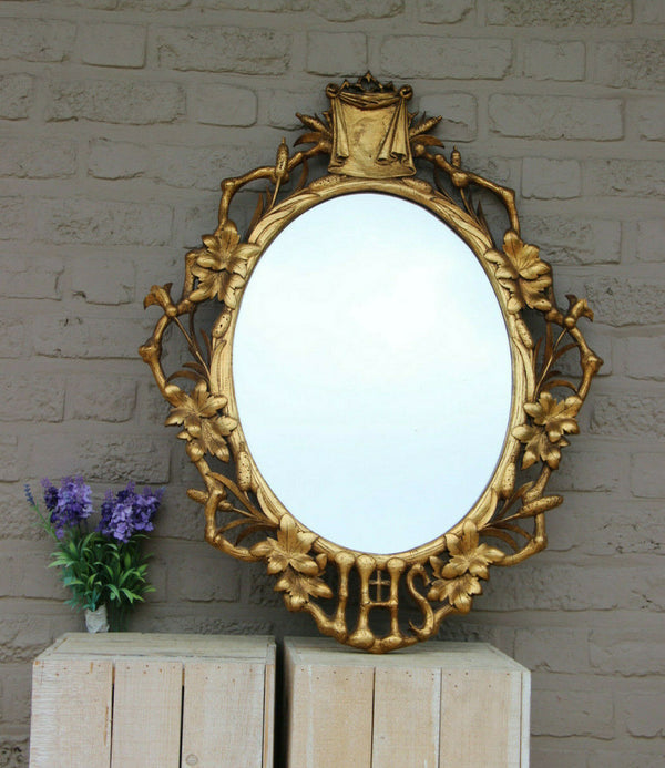 Rare Antique French Religious church IHS symbol cross Mirror wood gold gilt