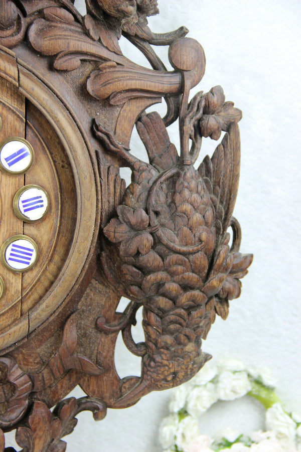 XL Antique BLACK FOREST wood carved wall clock hunt bird deer horn floral