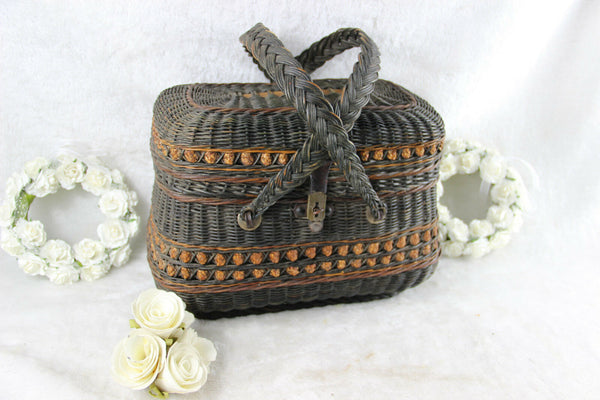 Antique Victorian Basket carry picknick with Handles marked Van Oye bruxelles