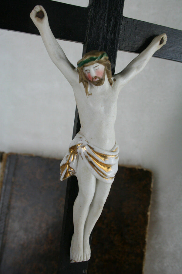 French Antique Crucifix holy water font vieux andenne porcelain 19thc