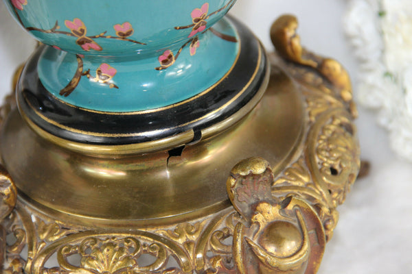 French antique Clock faience Polychrome bird dragon chimaera top lion heads