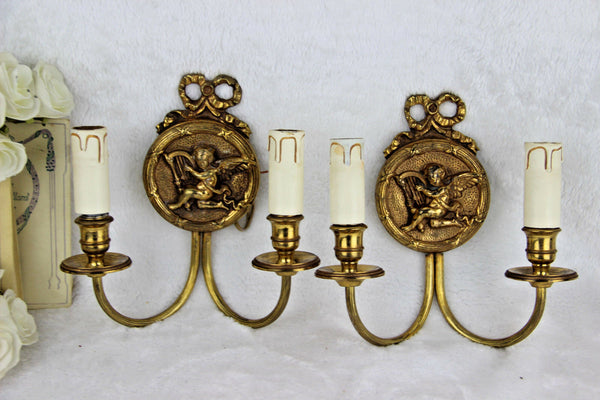 Gorgeous pair 1960's Putti angels cherubs Wall lights sconces brass louis XVI