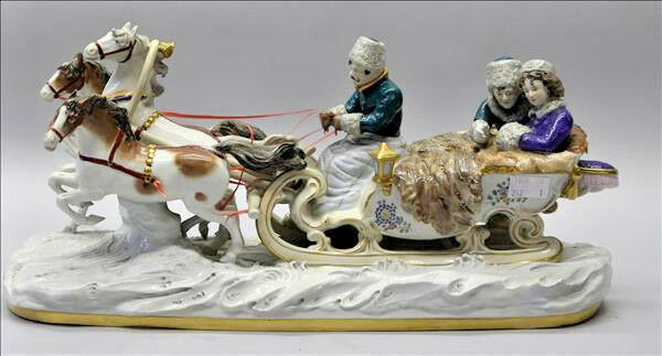 XXL Rare Scheibe Alsbach Porcelain Horse  Carriage Figural Group Sled marked