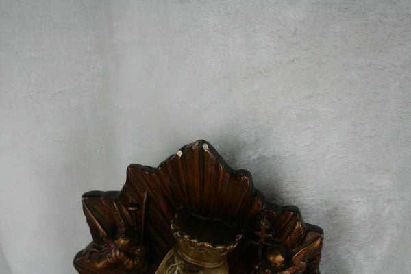 Antique XL French Madonna with child angel cherubs plaster polychrome statue