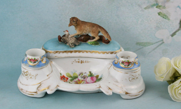 Antique French vieux Paris Porcelain Inkwell fox hunting pheasant 19th c