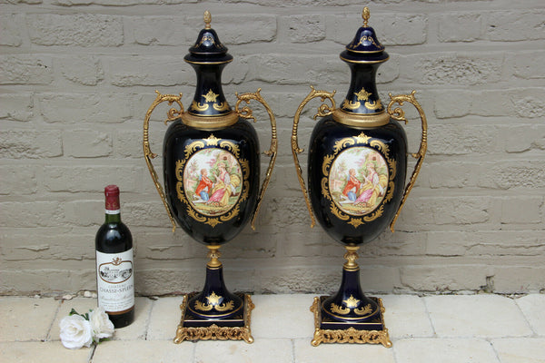 XXL PAIR French Limoges cobalt blue porcelain victorian scene vases