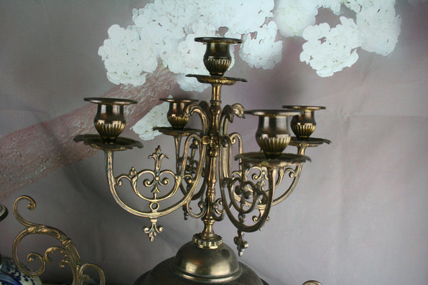 XXL Delft Bluewhite pottery birds decor clock candelabras 1930 Holland mantel