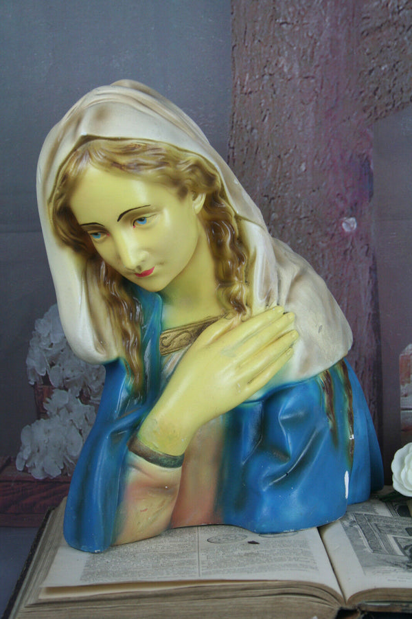 Antique XL French Madonna Mary Buste Plaster chalkware saint statue