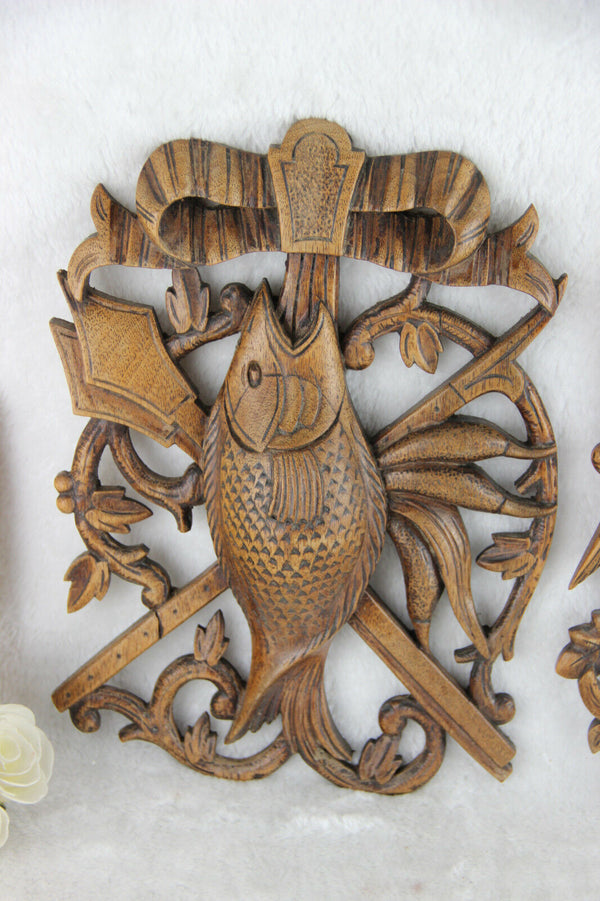 PAIR German black forest wood carved hunting trophy wall plaques 1950