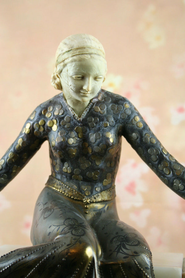 LARGE Heavy ART DECO group lady birds patinated metal / ivorine signed GORI