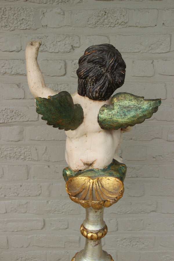XXL Antique Italian church wood carved  putti angel holy water font statue