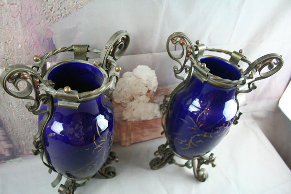 PAIRE Castle neo gothic French Faience Vases urns Cassolettes Blue wrought iron