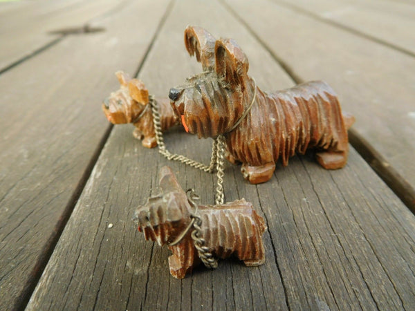 Cute Black forest Wood carved terrier dog family puppy 1950 figurines