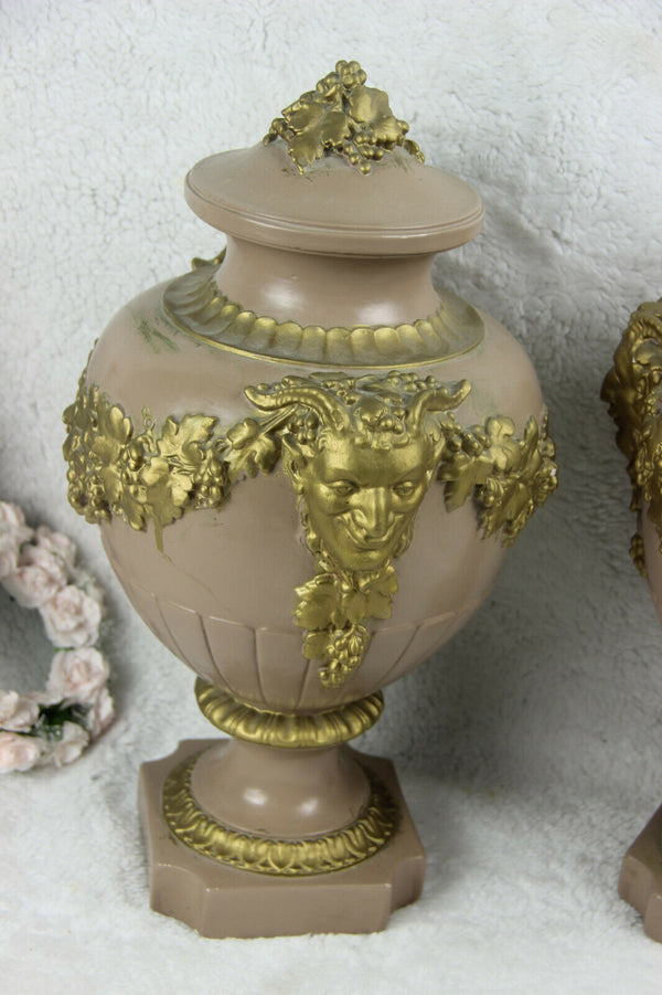PAIR antique art deco 1920 Chalkware satyr heads Cassolette Vases urns