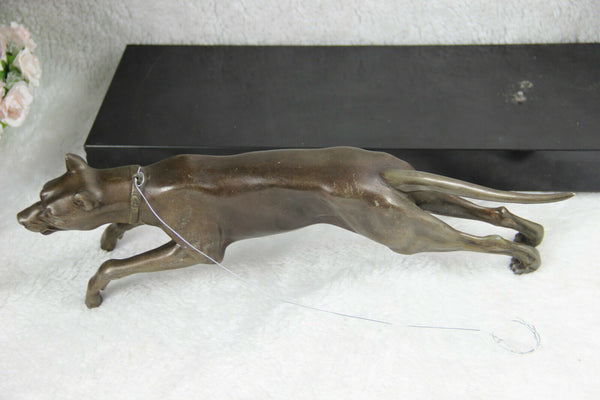 XXL French ART DECO 1930 spelter bronze lady dog on leash marble base