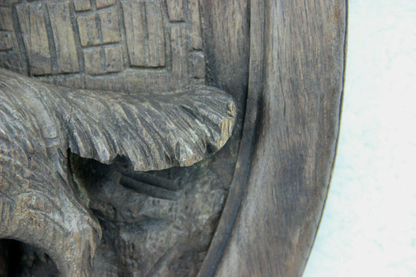 PAIR Antique black forest Wood carved oval plaques panel Dog fox hunting scene