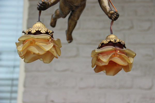 Superb antique parisian heavy bronze putti angel pendant lantern chandelier