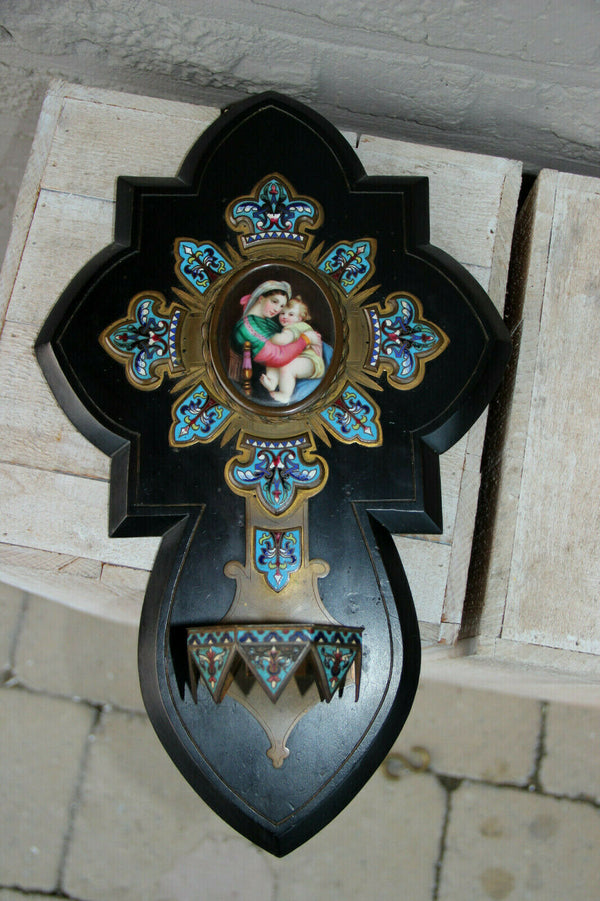 Antique XL Napoleon III holy water font enamel cloisonne porcelain madonna